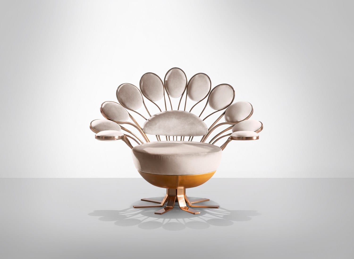 Elegant chair with a unique, fan-shaped backrest and cushioned seat in soft fabric, set against a plain white background.