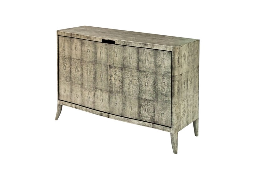 Gray textured sideboard with curved legs and closed cabinet doors, set against a white background.