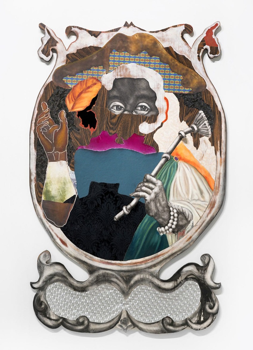 Abstract illustration with a mix of patterns and textures, featuring a central figure holding a staff within an ornate border.