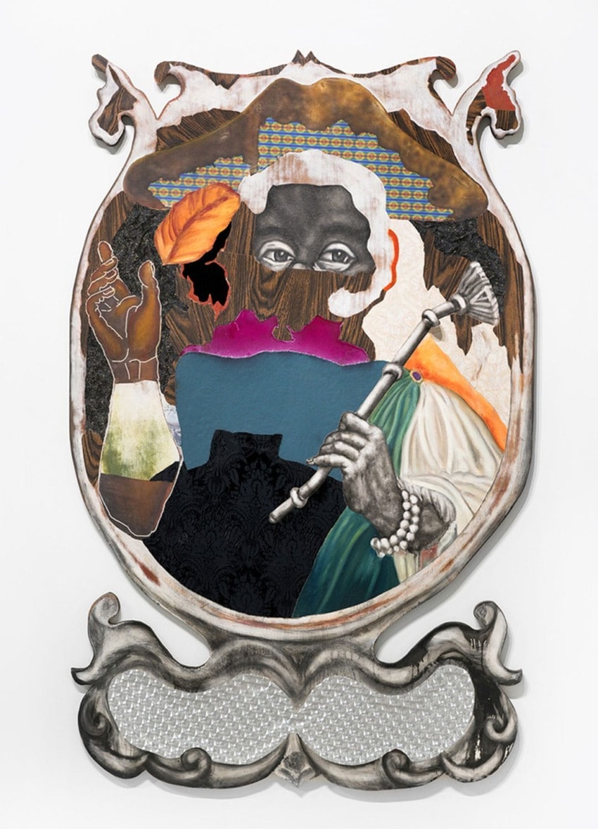 Abstract illustration with a mix of patterns and textures, featuring a central figure holding a staff within an ornate border.