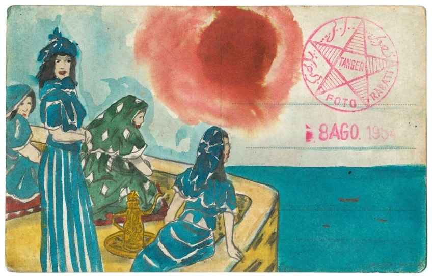 Vintage postcard illustration with women in traditional attire on a boat, red sun in background, stamped "Tanger Foto Rabat".