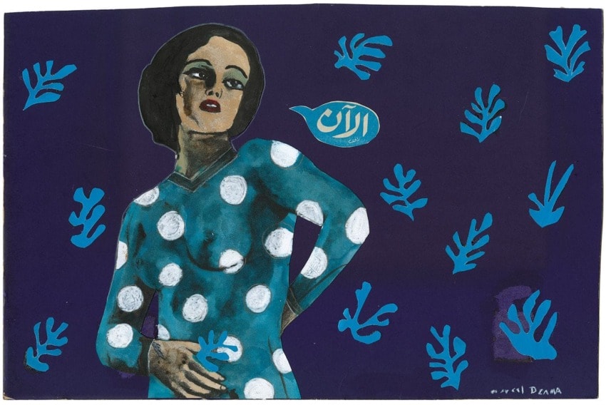 Painting of a woman in a polka dot dress with blue abstract shapes on a dark background.