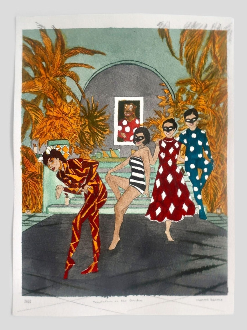 Four people in colorful patterned clothing and sunglasses dancing outdoors with vibrant plants and an archway in the background.