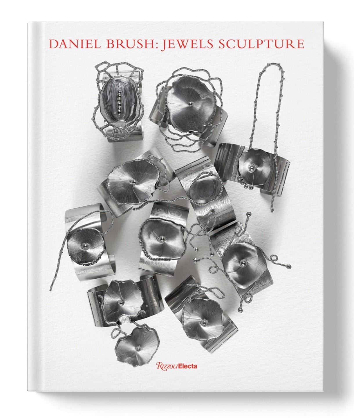 Cover of "Daniel Brush: Jewels Sculpture" featuring abstract silver jewelry on a white background.