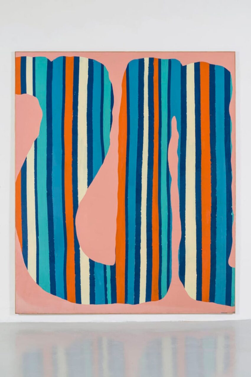 Abstract painting with vertical stripes of blue, orange, and white on a pink background.