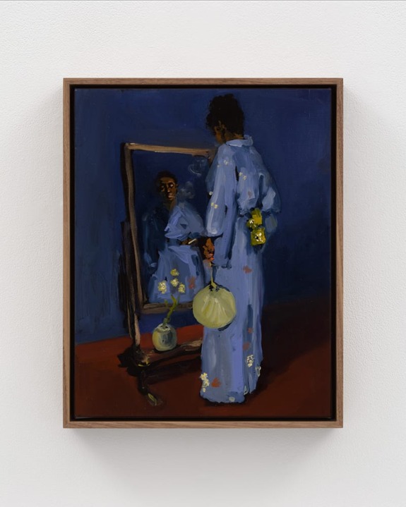 Painting of a person in a blue robe holding a fan, standing in front of a mirror reflecting their image with a vase nearby.