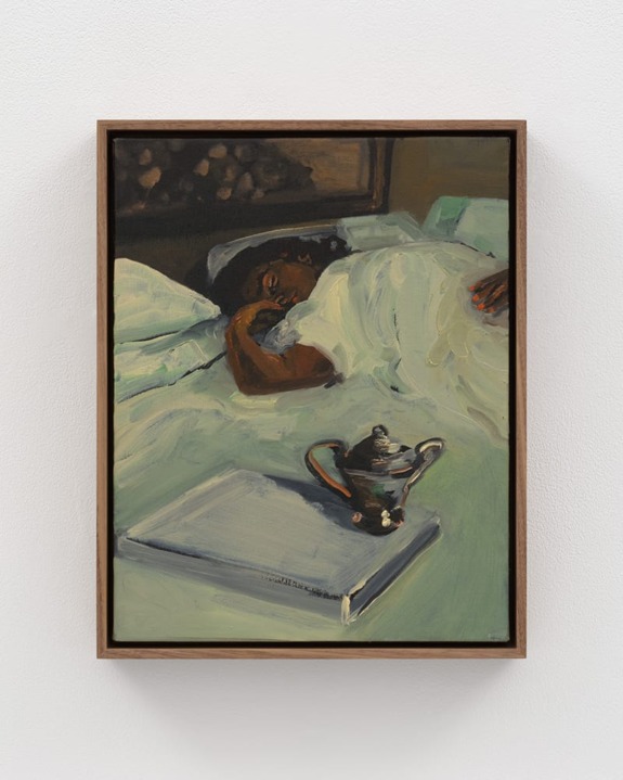Painting of a person sleeping under a blanket with a teapot and book on the bed.