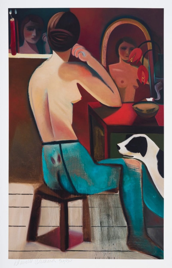 Person sitting on a stool looking in a mirror, dog beside them, in an abstract, colorful room setting with vibrant tones.