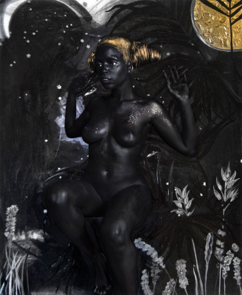 Artistic portrayal of a person with celestial elements and a nature-inspired background featuring plants and a moon.