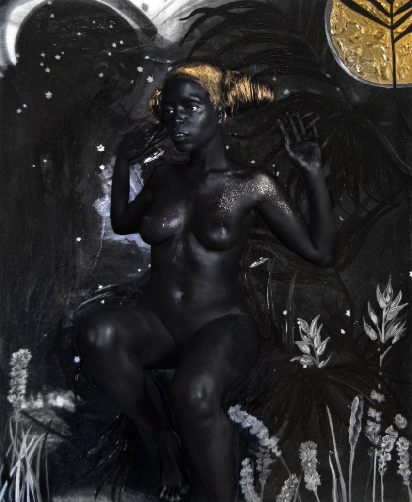 Artistic portrayal of a person with celestial elements and a nature-inspired background featuring plants and a moon.