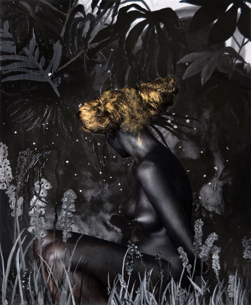 Artwork depiction of a seated person with golden hair amid abstract foliage and dark tones.