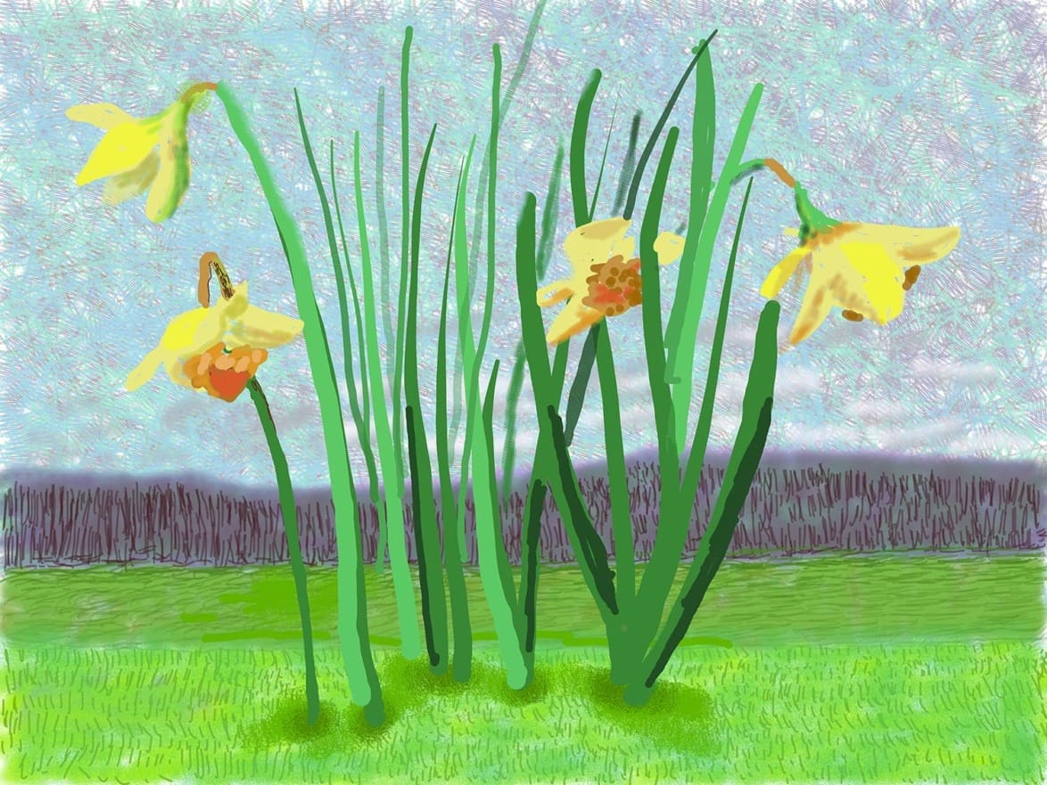 Painting of blooming yellow daffodils with tall green stems against a textured blue and purple background.