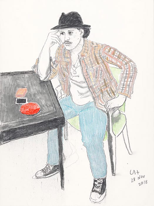 Drawing of a man in a hat and plaid shirt sitting on a chair beside a table with a red plate and two books.