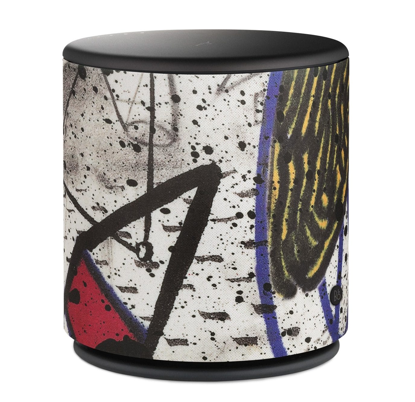 Artistic cylindrical Bluetooth speaker with vibrant abstract graffiti-style design in red, blue, and yellow on a white background.