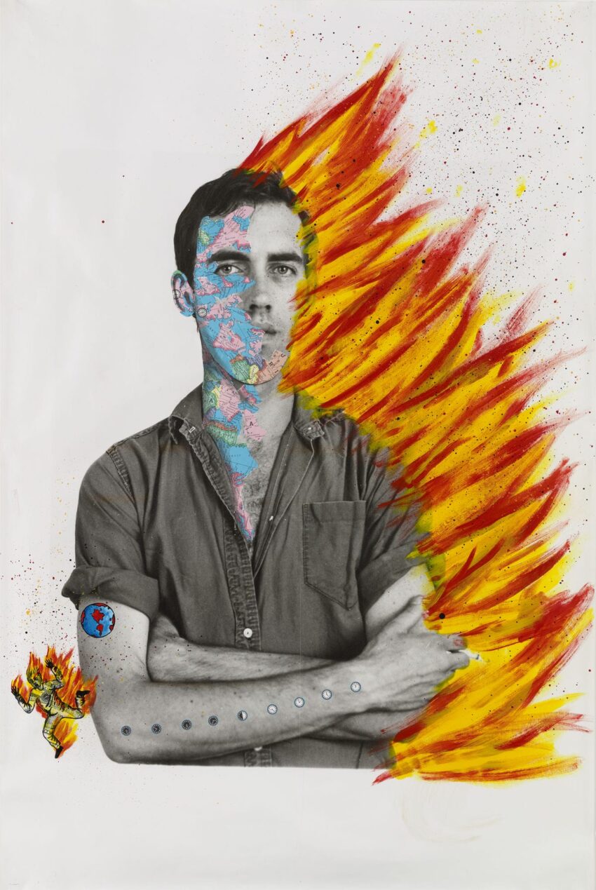 Portrait of a man with colorful map overlay and flames, featuring a globe tattoo on his arm against a white background.