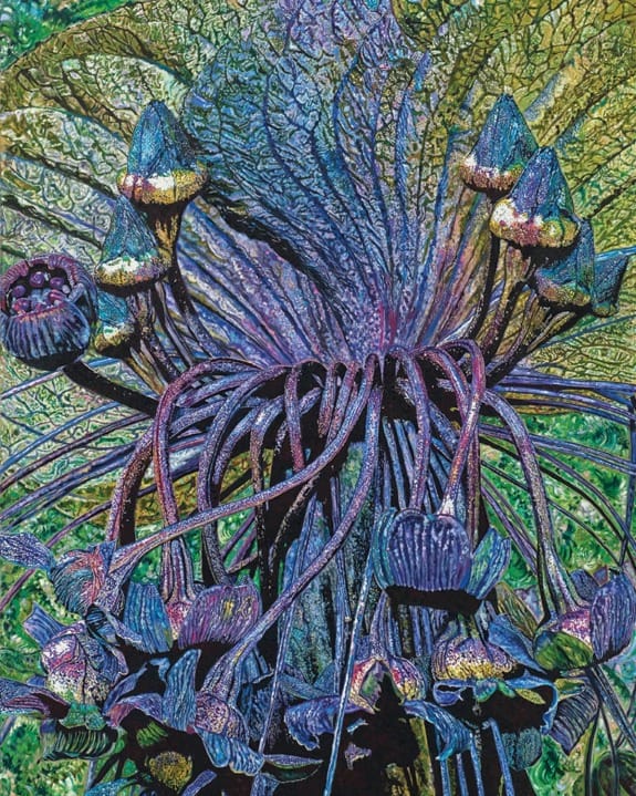 Colorful abstract painting of a plant with intricate leaves and flower-like shapes in vibrant blues, greens, and purples.