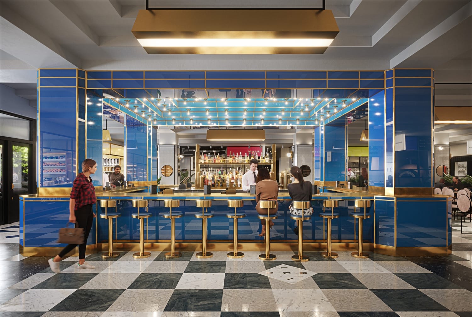 Modern bar with blue and gold decor, featuring customers seated on stools and a bartender behind the counter.