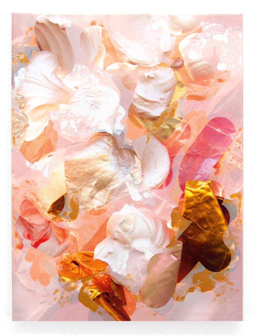 Abstract art with swirls of pink, gold, and white textures creating an intricate and dynamic composition.