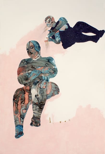 Abstract painting of two human figures with swirling colors, one seated on a pink area and the other lying above in dark tones.