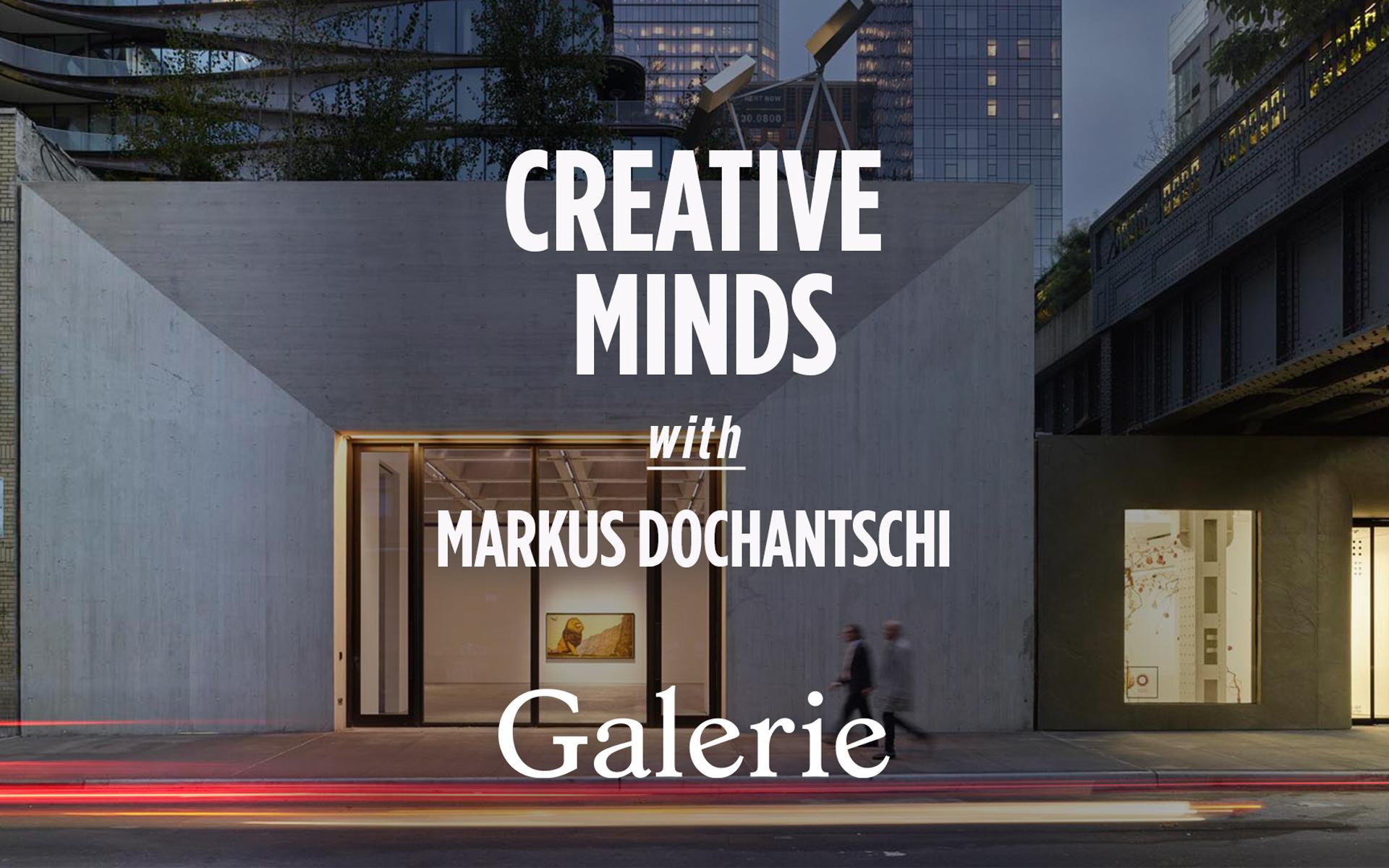 Creative Minds event poster featuring Markus Dochantschi and Galerie with a modern building in the background.