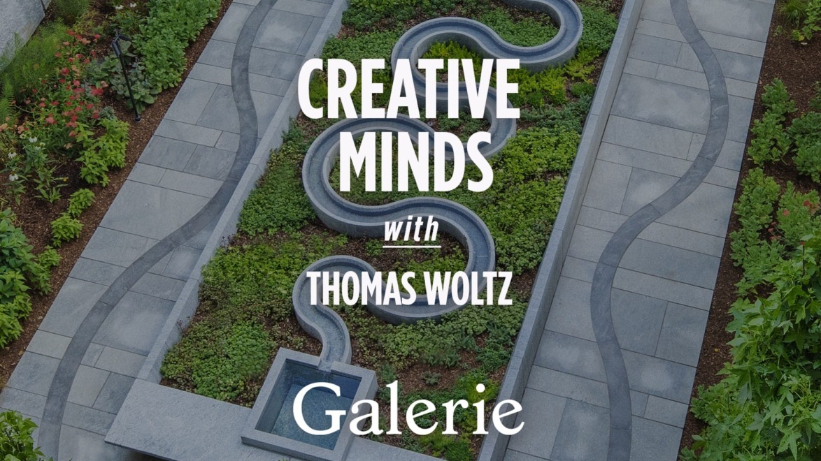 Garden with winding stone paths, Creative Minds with Thomas Woltz text, and greenery surrounding the design.