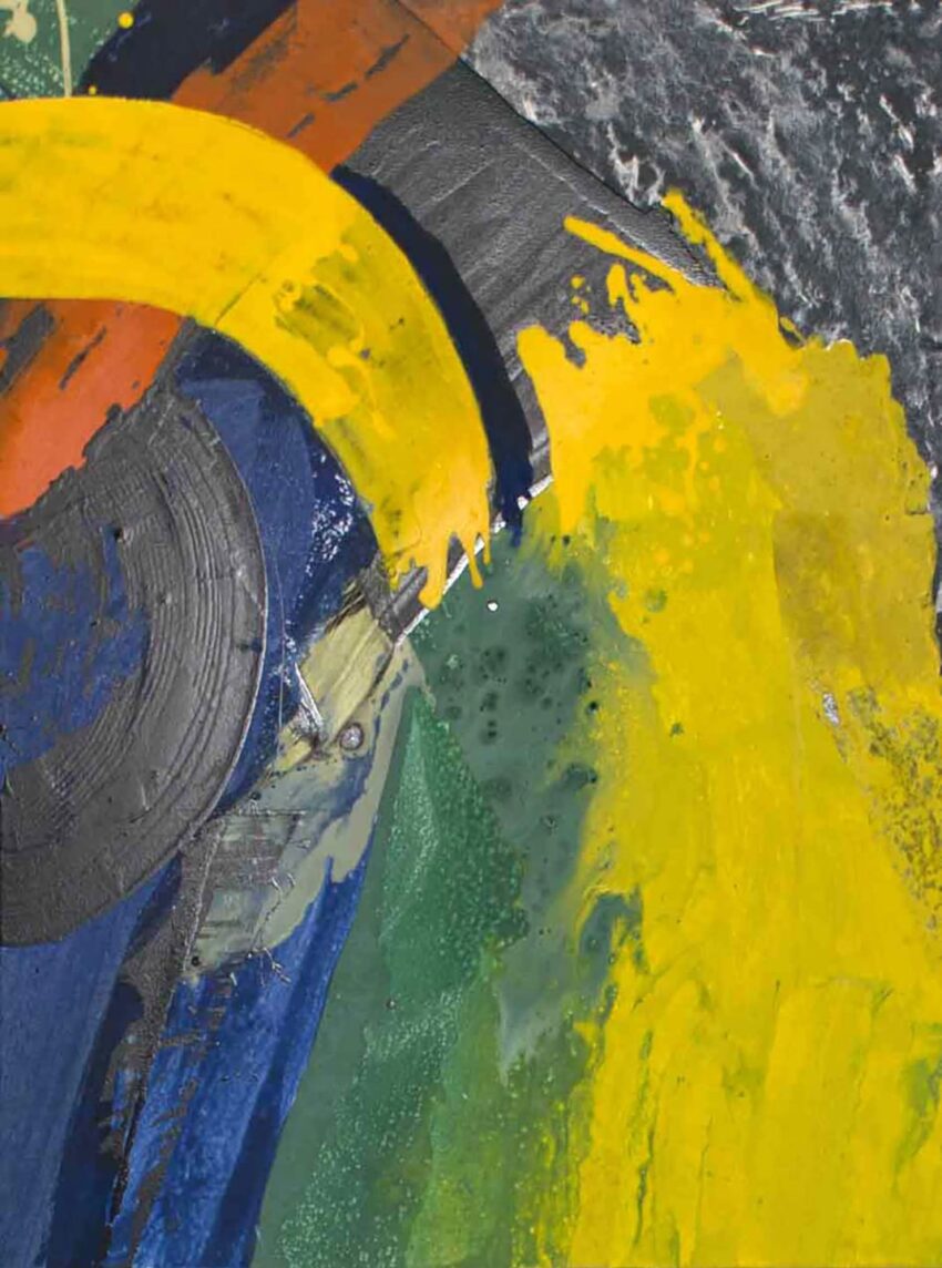 Abstract painting with bold yellow, blue, green, and orange brushstrokes and textured black and gray accents.