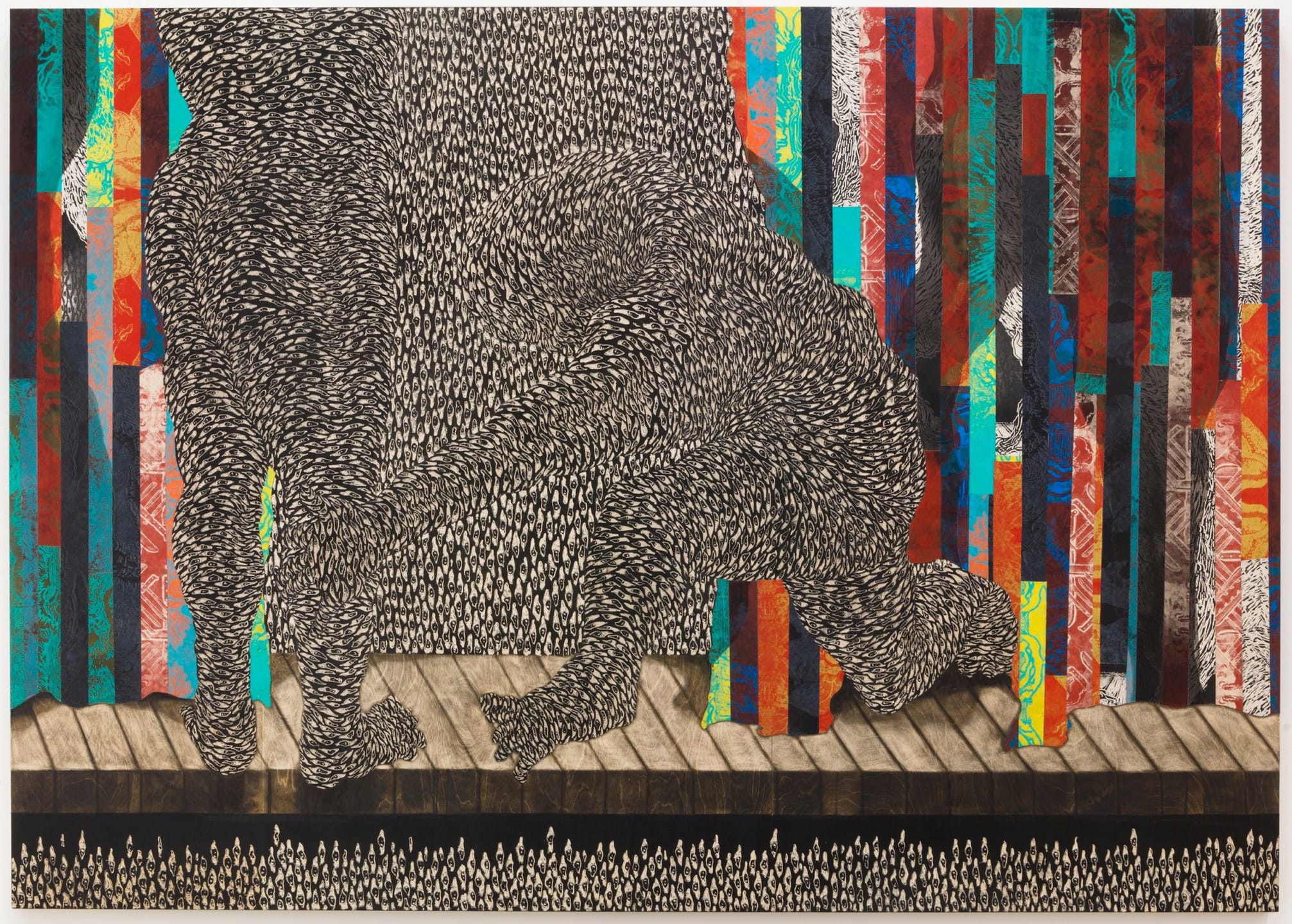 Abstract artwork featuring two textured, fur-like figures on a wooden floor with colorful vertical stripes in the background.