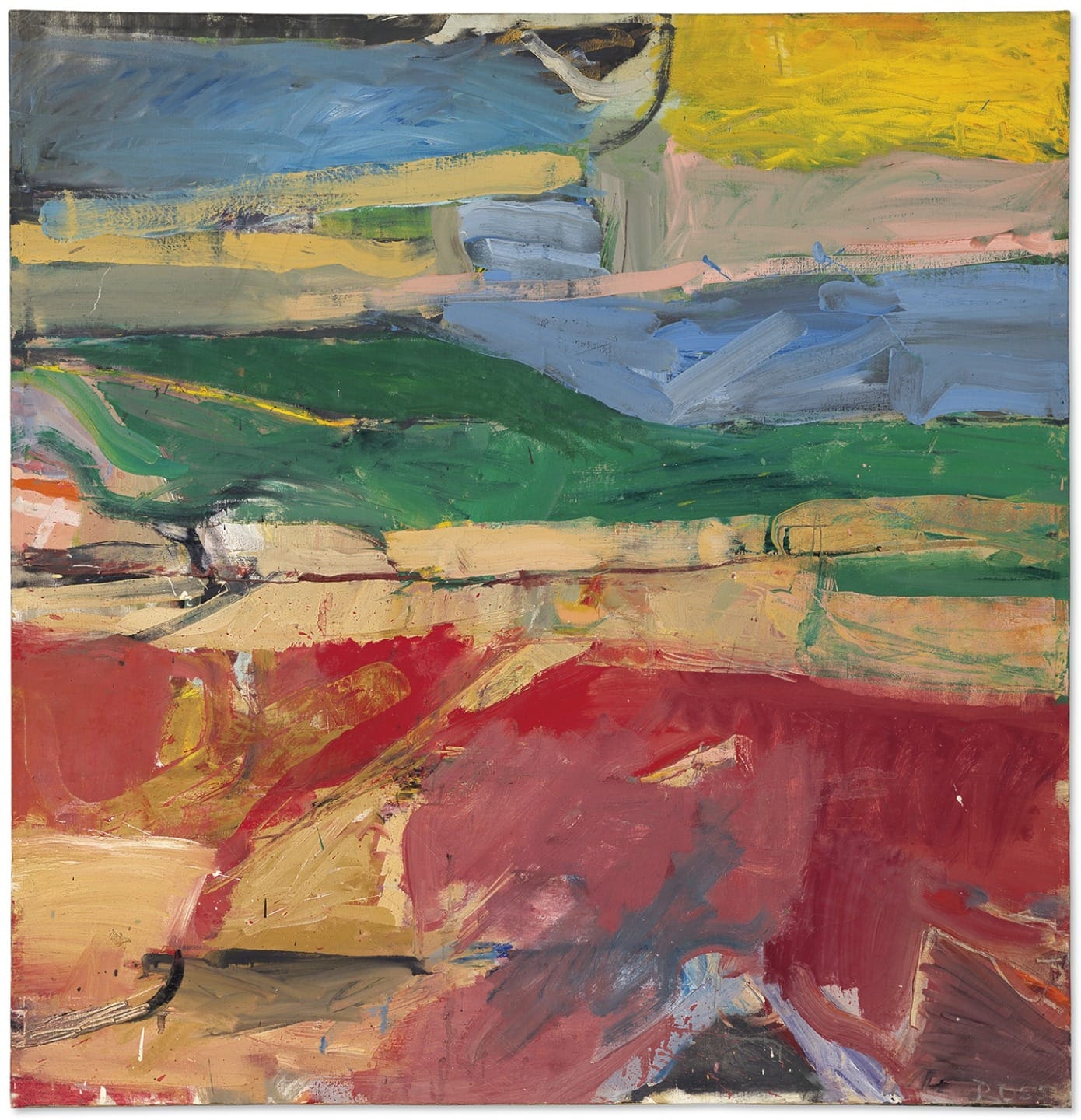 Abstract painting with bold brushstrokes in red, green, blue, and yellow, creating a vibrant, multicolored composition.