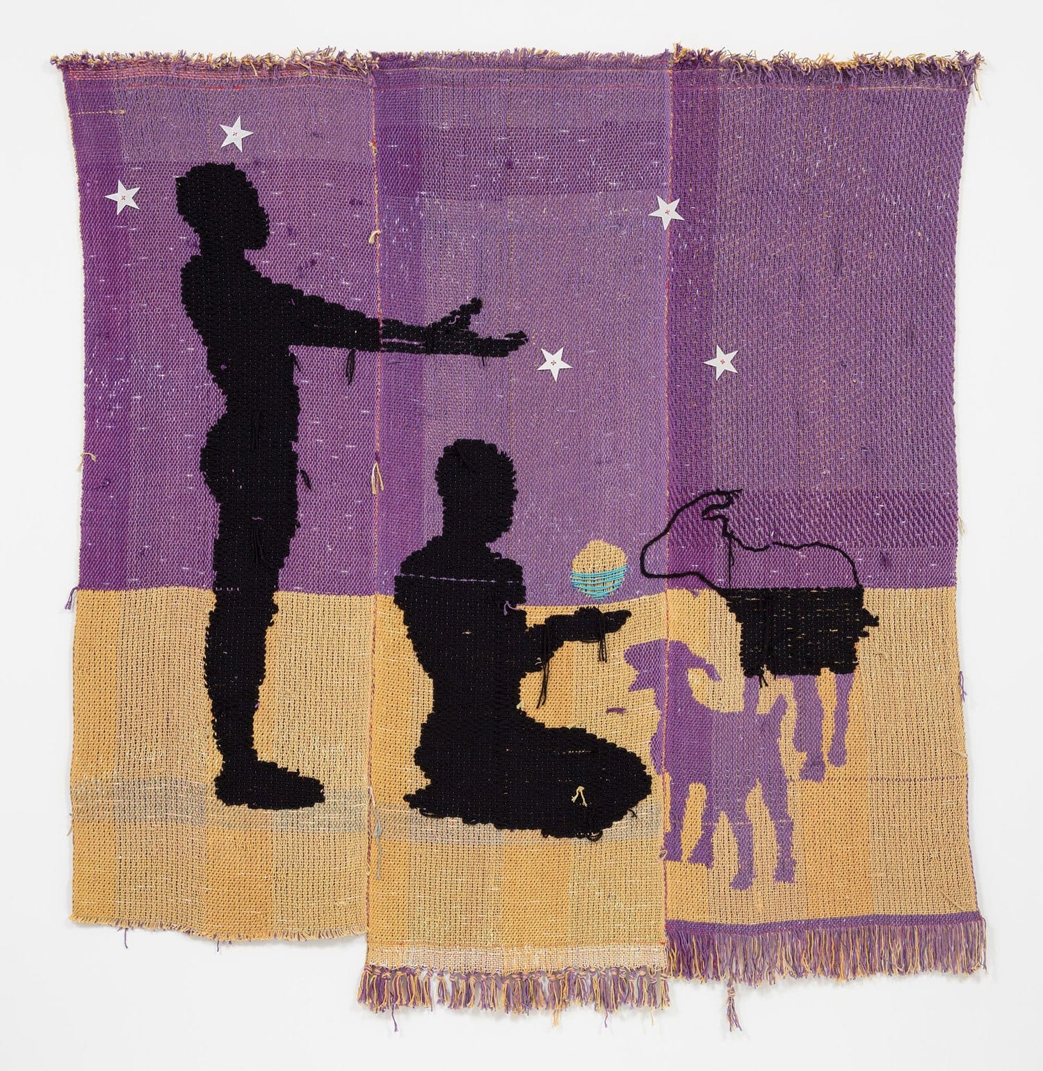 Silhouette figures and animals on woven tapestry with purple and tan background, stars scattered above.