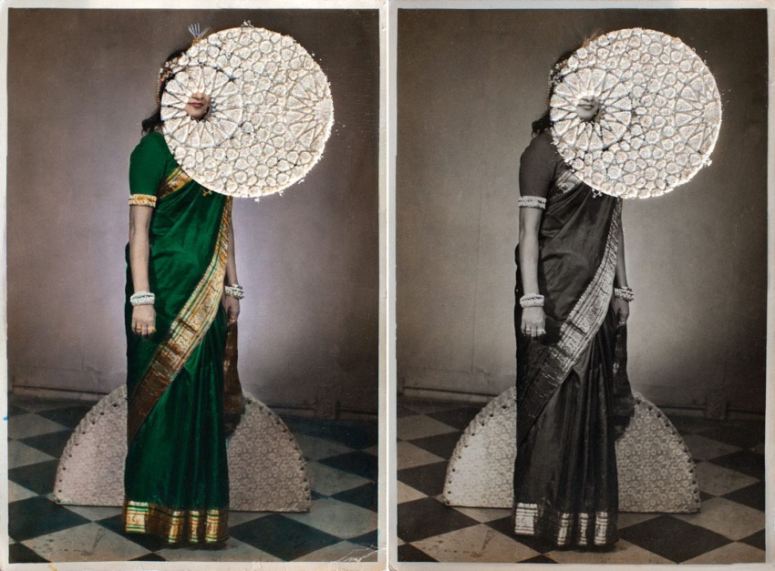 Two artistic portraits of a person in a sari with decorative circular patterns obscuring their face, set on a checkered floor.