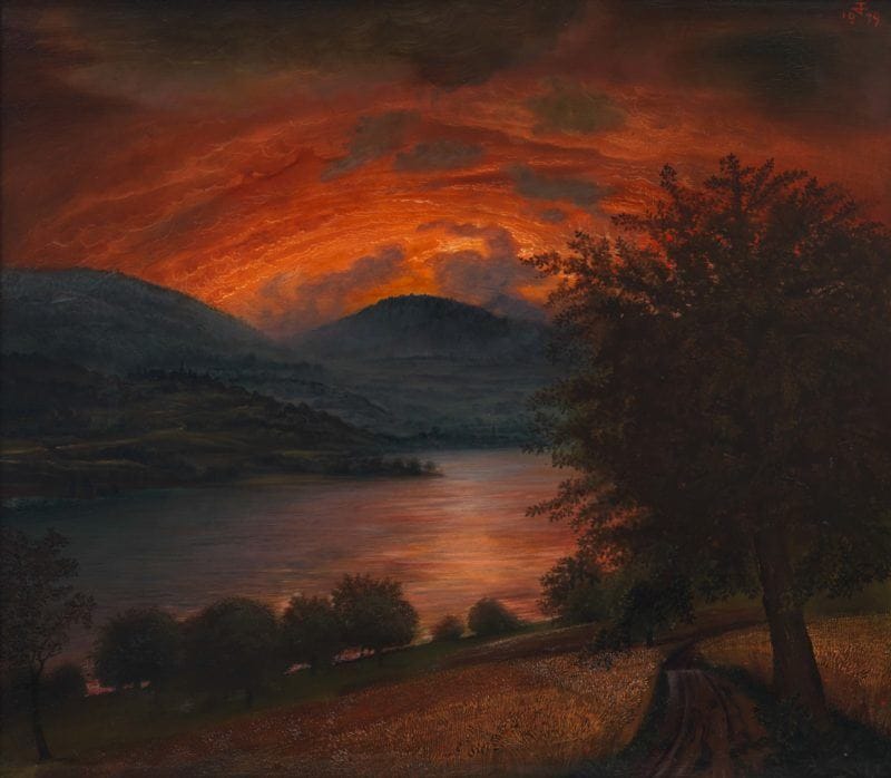 Painting of a fiery red sunset over a tranquil lake surrounded by hills and trees, creating a dramatic atmospheric scene.