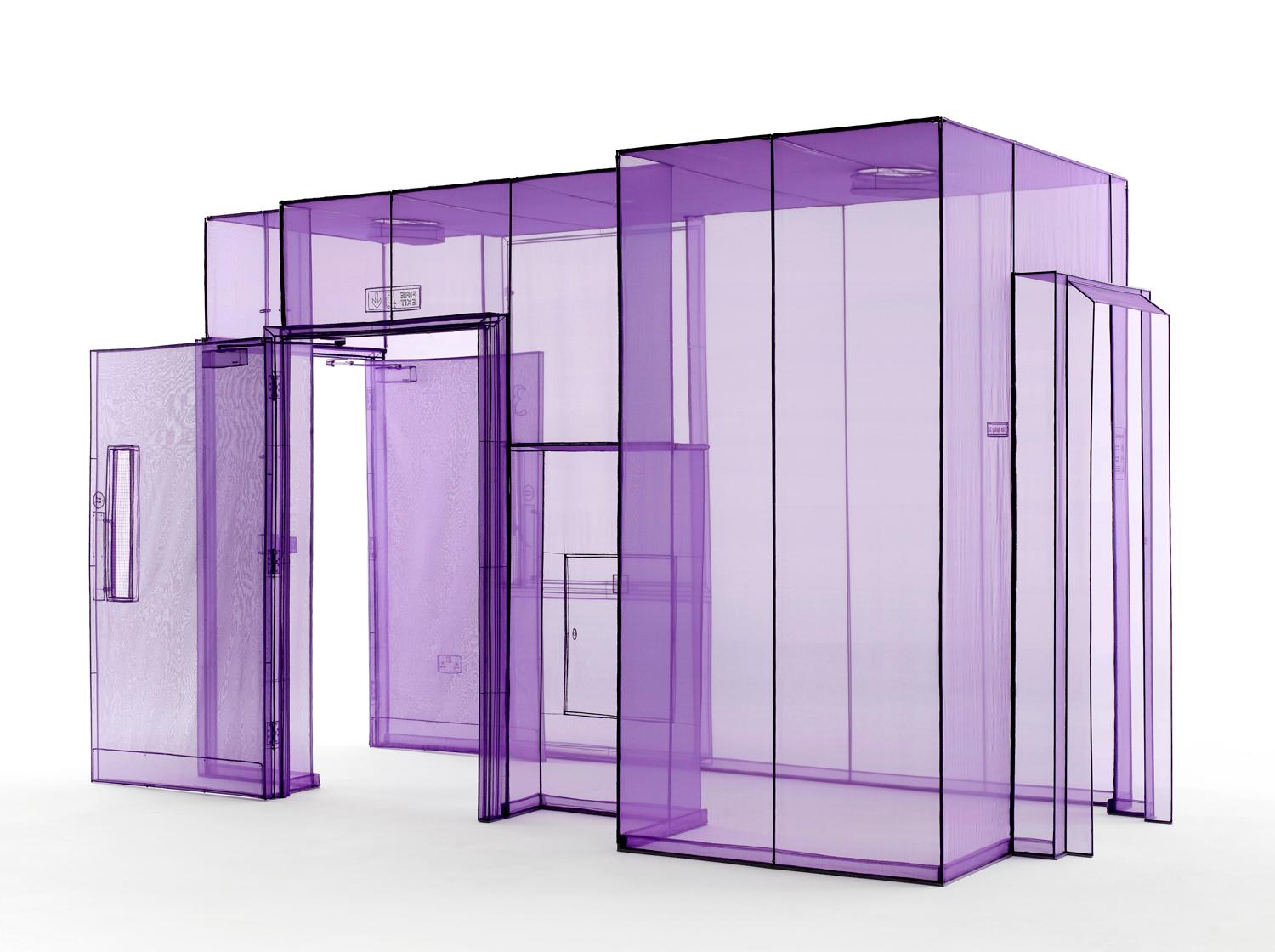 Transparent purple architectural sculpture resembling a building with open doors and visible structural details.