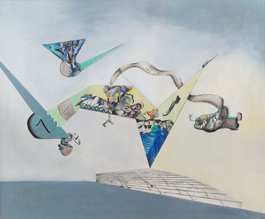 Abstract painting with geometric shapes, flowing forms, and surreal elements in a blue and gray color palette.