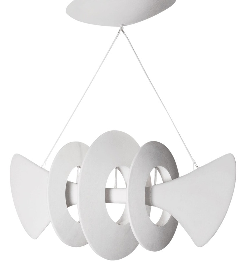 Modern white ceiling light fixture with circular and triangular elements hanging from the ceiling.