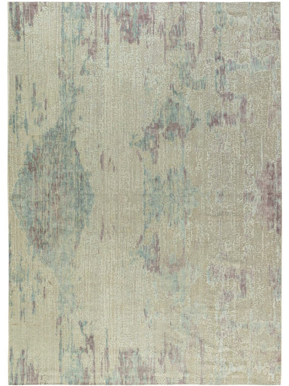 Abstract area rug with a distressed pattern in shades of blue, green, and beige, on a textured background.