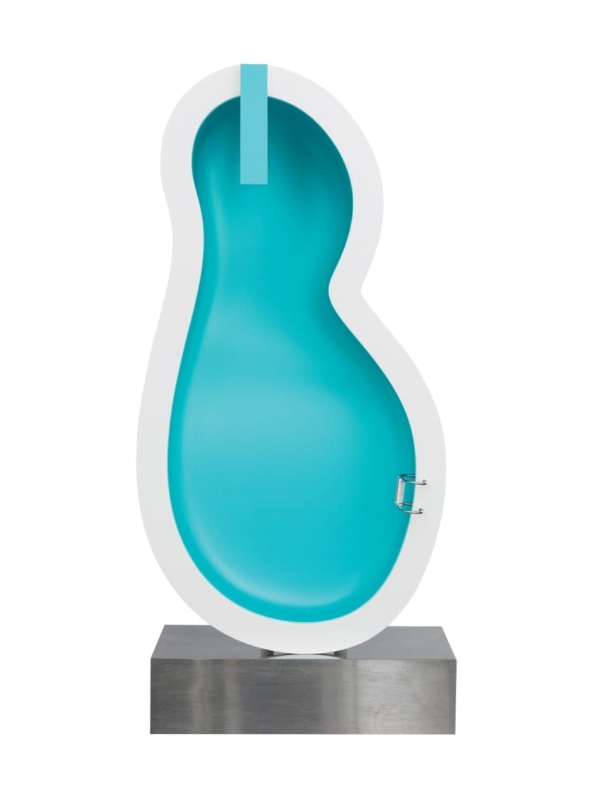 Modern teal and white abstract sculpture with rounded shapes on a gray base.
