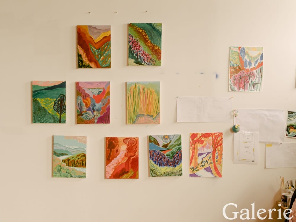 Collection of colorful landscape paintings arranged on a white gallery wall with sketches and notes in the corner