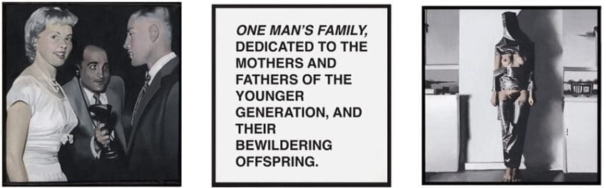 Three-panel artwork: a woman and men at a party, text about generations, and a figure in a patterned wrap against a wall.