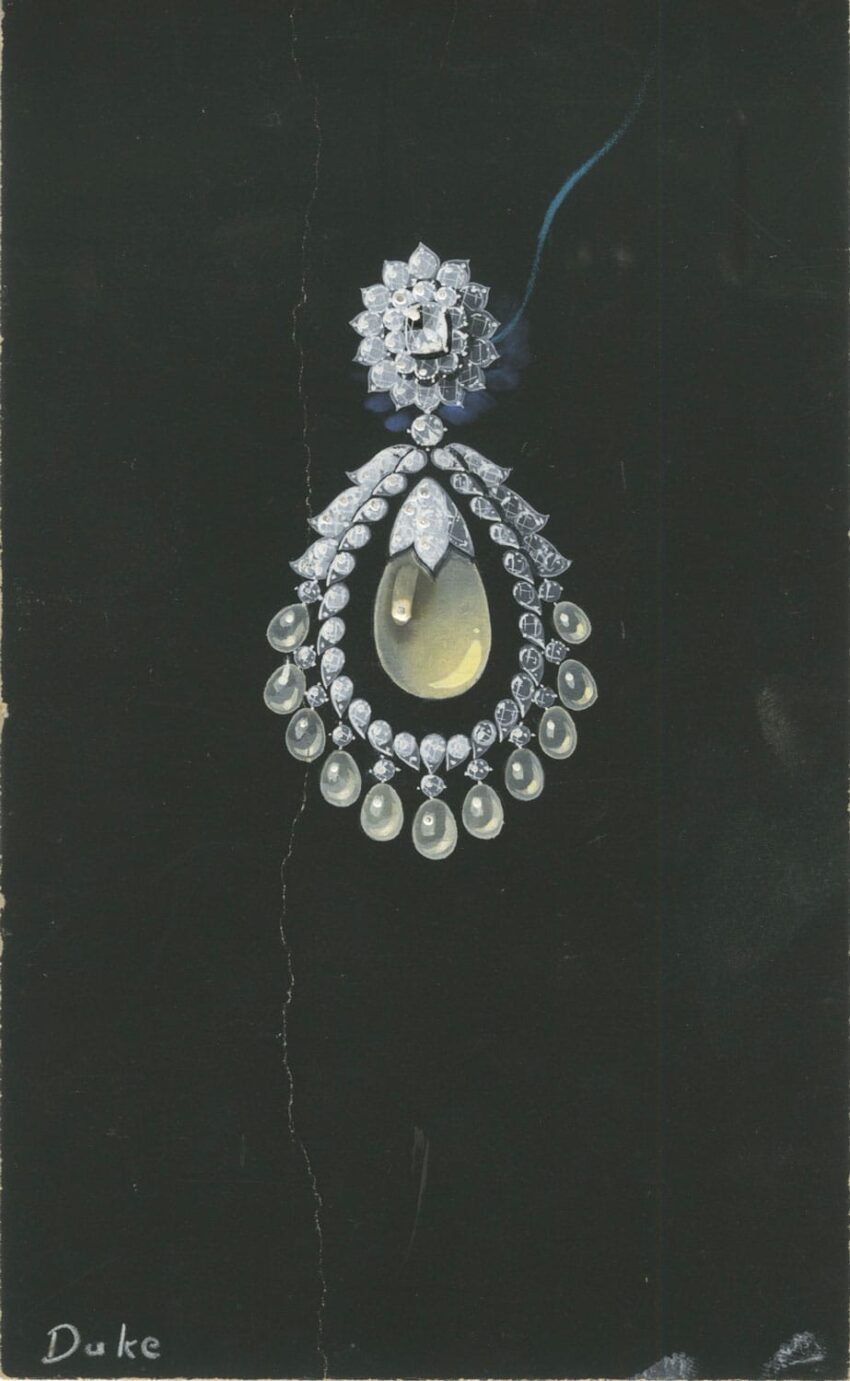 Illustration of an elegant diamond and pearl drop pendant on a black background.