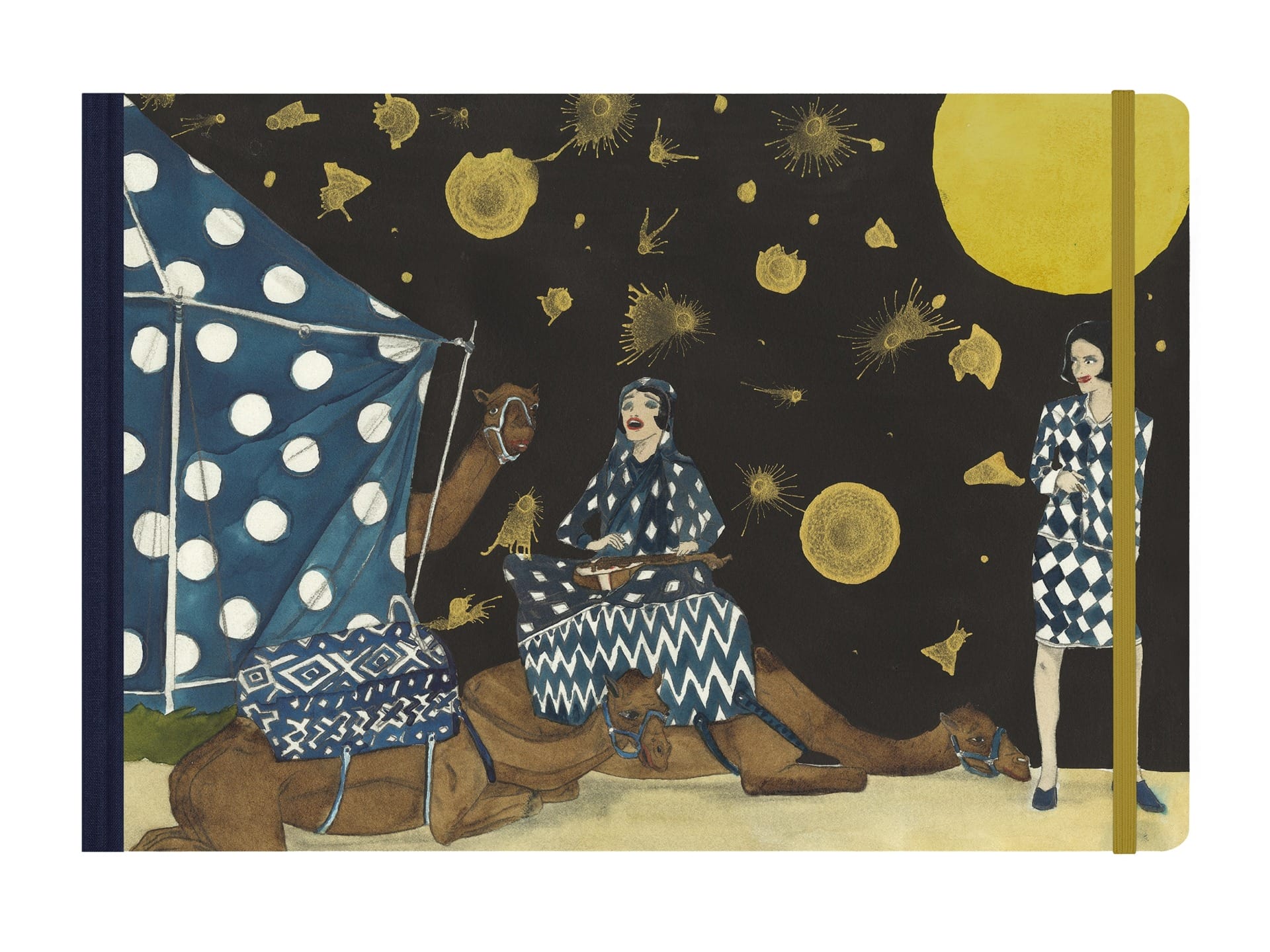 People dressed in patterned clothes with camels and a tent under a dark sky with a large moon and star-like figures.