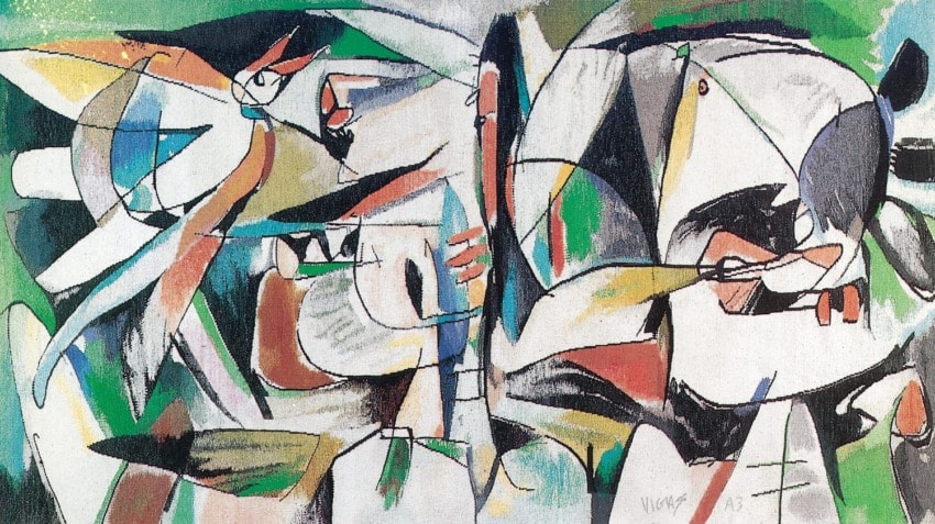 Abstract painting with dynamic shapes and vibrant colors, featuring overlapping forms and intricate patterns on a green background.