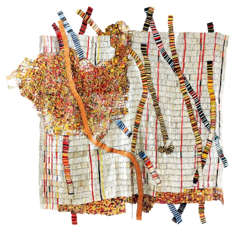 Colorful abstract textile art piece with intersecting lines and vibrant patterns against a white background