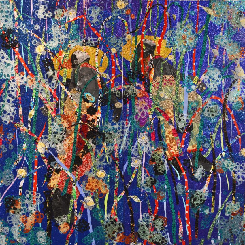 Colorful abstract painting with two figures walking amidst vibrant patterns and swirling shapes against a dark blue background.
