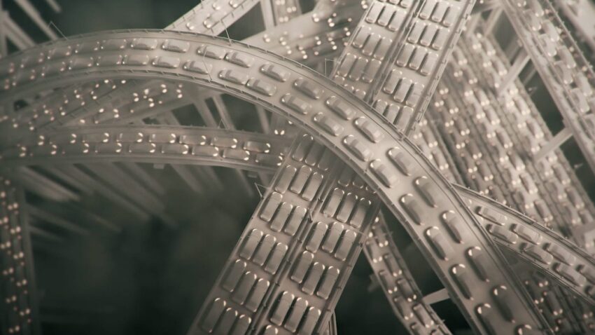 intricate futuristic architectural structure with curved, overlapping pathways and illuminated details