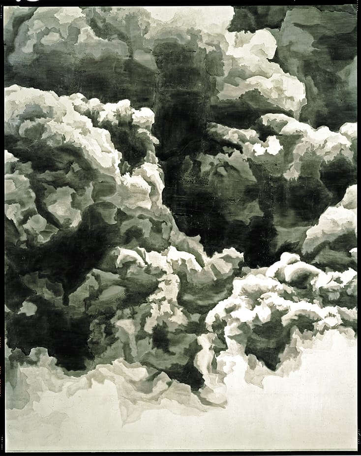 Abstract painting featuring monochromatic clouds with varying shades of black, white, and gray, creating a dramatic effect.