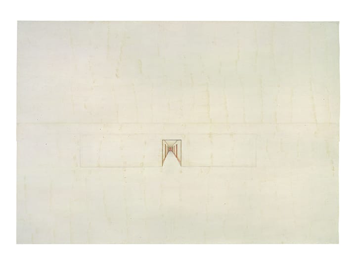 Minimalist drawing with faint gridlines and a small geometric shape centered on a large, off-white background.