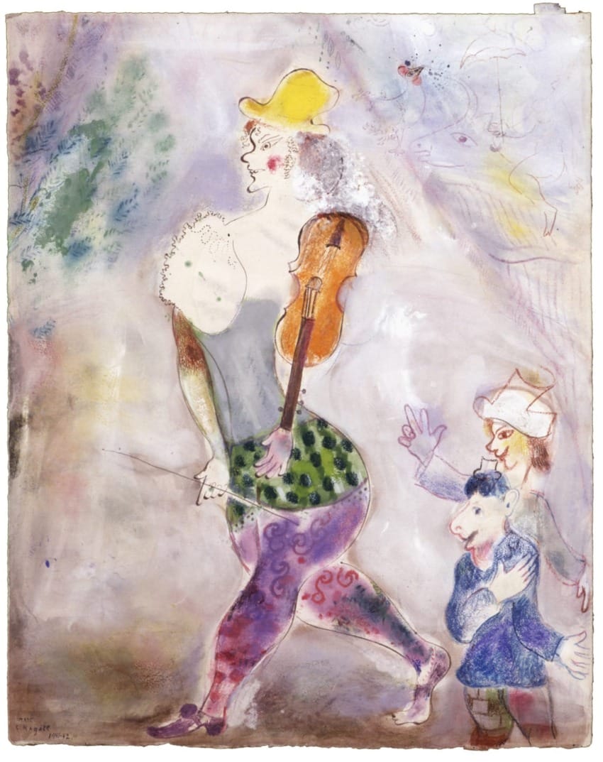 A whimsical painting of abstract figures, featuring a woman with a violin, walking with two smaller playful characters.