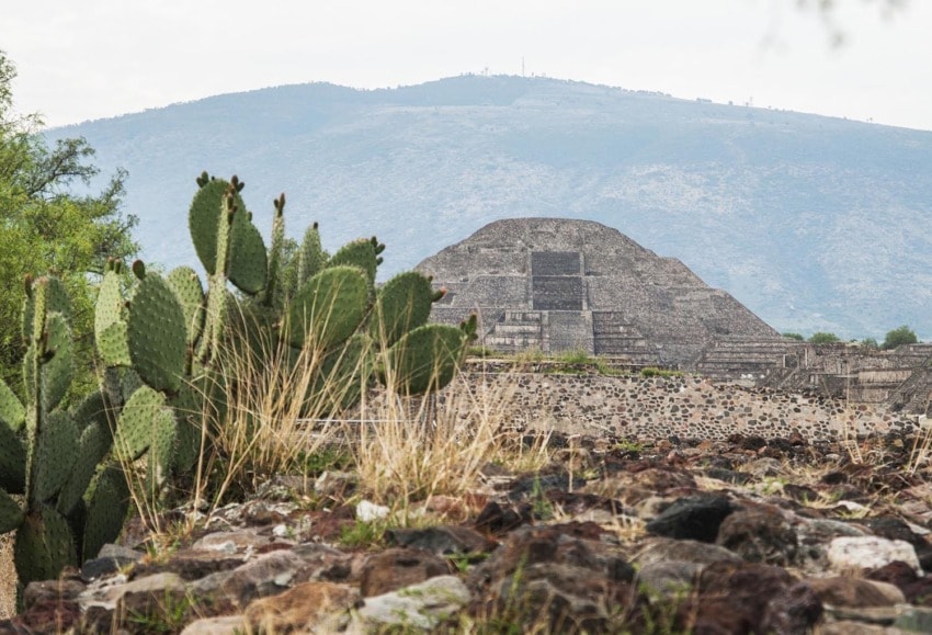 View of an ancient stone pyramid in a desert landscape with cacti in the foreground and mountains in the background.