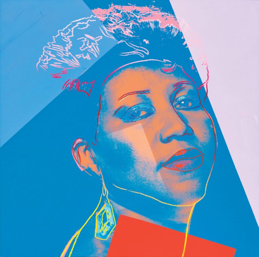 Pop art portrait of a woman in vibrant blues and reds with geometric shapes in the background.