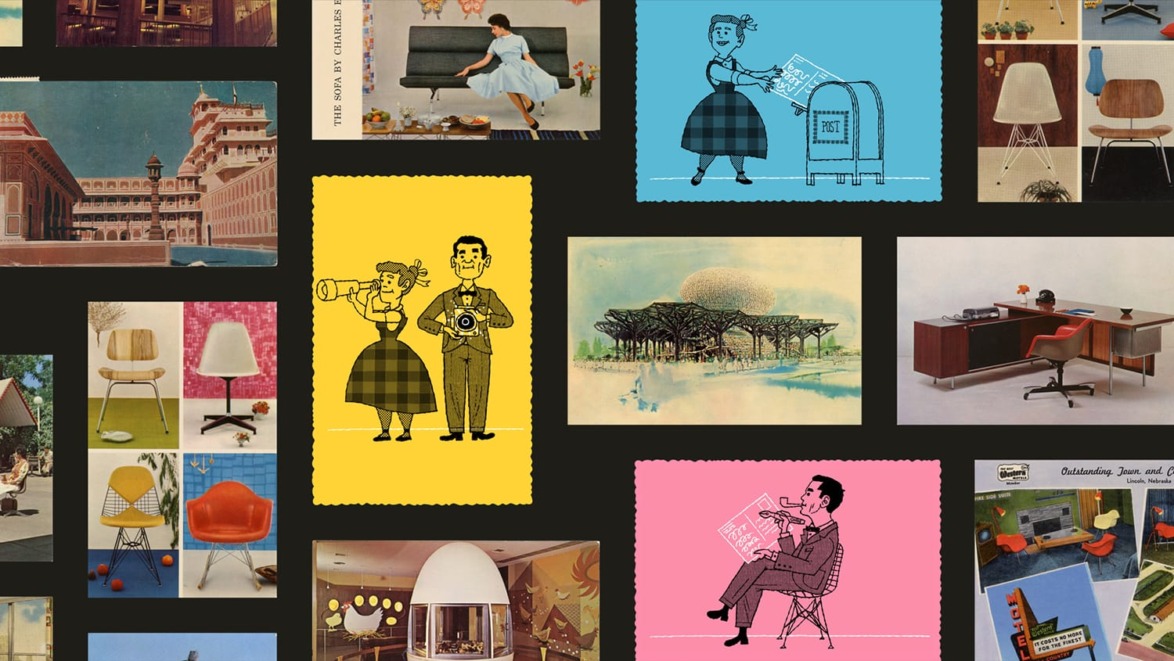 Collage of retro-style illustrations and vintage furniture designs highlighting mid-century modern aesthetics.